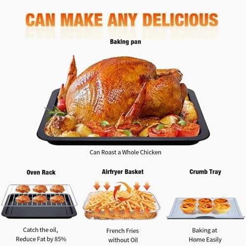 PlumChef 13 Quart 4 Slices Air Fryer Convection Toaster Oven, 1500W, 7 in 1 Multifunction with Roast, Bake, Grill, Broil, Toast, Dehydrate, Defrost (Dark Black)