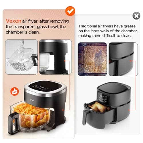 Vexon 6-IN-1 Glass Air Fryer,4.5QT Air Fryer with Viewing Glass Pot, Air Fry, Roast, Reheat, Dehydrate, Air Crisp Technology,Nonstick & Dishwasher Safe Basket,97% Less Oil,Features Digital Timer