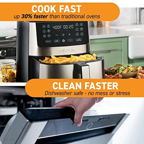 Gourmia Air Fryer Oven Digital Display 8 Quart Large AirFryer Cooker 12 Touch Cooking Presets, XL Air Fryer Basket 1700w Power Multifunction GAF838 Black and stainless steel air fryer