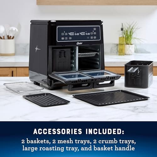 Oster 11-Quart Flex Air Fryer Oven, Dual Air Fryer with 2 Cooking Zones, Double Air Fryer with 6 Cooking Functions, Large Air Fryer with 2 Frying Baskets