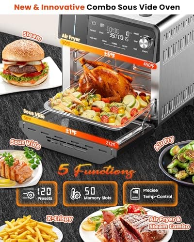 Nuwave Combi Steam Oven, 16Qt All-in-One Stainless Steel Multi-Cooker: Air Fry, Toast, Steam, Sous Vide & More, Precise 50-450°F, Adjustable Moisture, 120 Presets, Programmable Memories, Easy to Clean