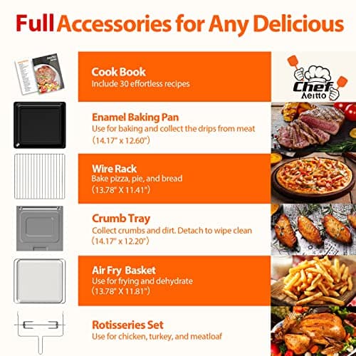 Aeitto® 32-Quart PRO Large Air Fryer Oven| Toaster Oven Combo | with Rotisserie, Dehydrator and Full Accessories | 19-In-1 Digital Airfryer | Fit 13" Pizza, 9pcs Toast, 1800w, Black