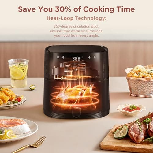 Air Fryer 8-in-1 with 6.3 Qt Capacity and Easy View Windows, Max 400F, 95% Less Oil, 100+ Recipes, Shake Reminder, Nonstick Basket for Roast, Bake, Dehydrate, Reheat, Broil-CT03