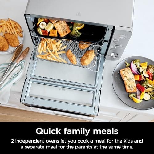 Ninja Air Fryer & Toaster Oven, Double Stack XL, Countertop Oven, 12-in-1 Fits 4.5lb Chicken, Pizza, Bagel, 6lbs of Wings, SmartFinish Cook 2 Different Meals at the Same Time, Stainless Steel, DCT601