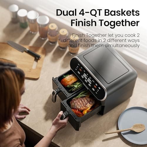 8-QT Large Air Fryer - Dual Basket Airfryer with Easy View Windows, Preheat, Air Fry, Roast, Broil, Bake, Dehydrate, 2 Independent 4 QT Nonstick Dishwasher Safe Baskets, Black