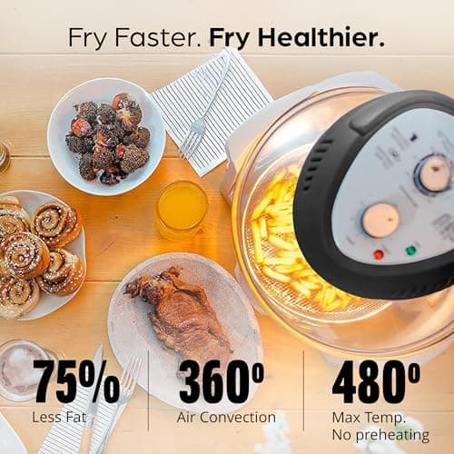 16Qt Large Glass Air Fryer Non Toxic – Family Sized Large Halogen Oven Cooker with 3 Cooking Sections, Stainless Steel Racks, French Fries, Chicken, No Preheat, Self Cleaning, Dishwasher Safe