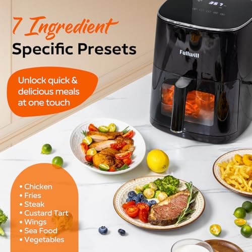 Fullwill Air Fryer with Viewing Window 6QT,5-in-1 Multi-Function(Air Fry,Roast,Bake,Reheat,Dehydrate) plus 7 One-Touch Presets for Wings,Fries,Steak and More,85% Less Oil Cooking for Families