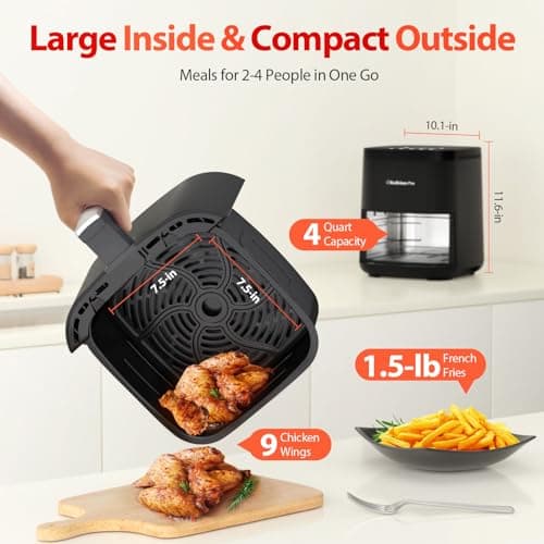 Air Fryer, Beelicious 8-in-1 Smart Compact 4QT Air Fryers, Shake Reminder, 450°F Digital Airfryer with Flavor-Lock Tech, Tempered Glass Display, Dishwasher-Safe & Nonstick, Fit for 1-3 People,Black