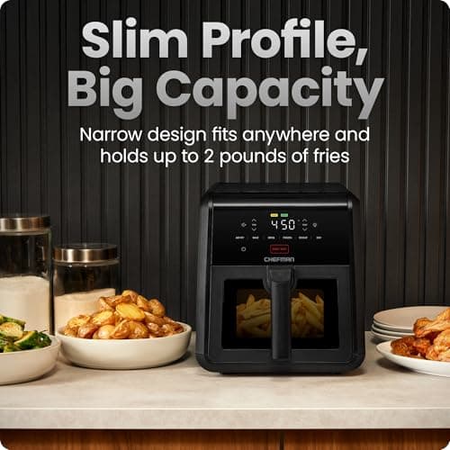 Chefman Air Fryer TurboFry 7-Qt, 6-in-1 High-Powered 450°F Cooking for Crispier Results, Compact Space-Saving Design, Air Fry, Bake, Broil, Reheat, Dehydrate, Defrost, Fast & Even Cooking – Black