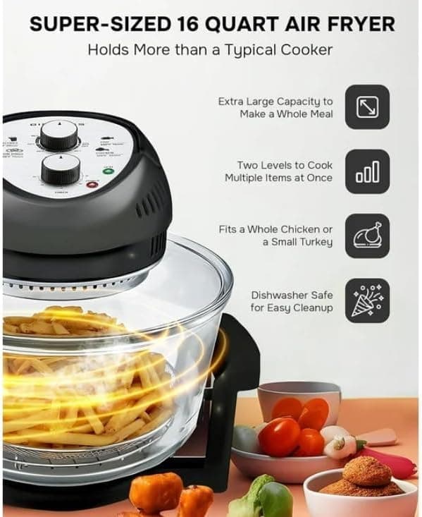Air Fryer Toaster Oven Combo 16Qt Kitchen Countertop Convection Rotisserie 1300W Large Glass Bowl Black
