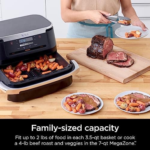 Ninja DZ071 Foodi 6-in-1 DualZone FlexBasket Air Fryer with 7-QT MegaZone & Basket Divider, Large Proteins & Full Meals, Smart Finish Cook 2 Foods 2 Ways, Large Capacity, Air Fry, Bake & More, Black (Renewed)