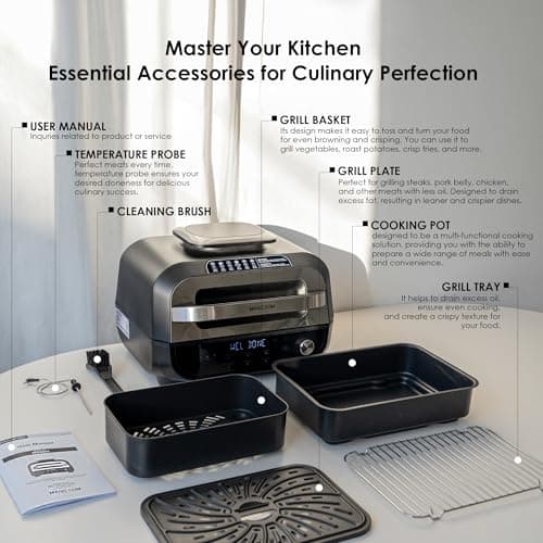 MAGiC COM Indoor Grill and Air Fryer, 7-in-1 Electric Grill with Steak, Roast, Air Crisp, Bake, Dehydrate, Pizza and Reheat. Smart Thermometer, Non-Stick, Dishwasher Safe/Black