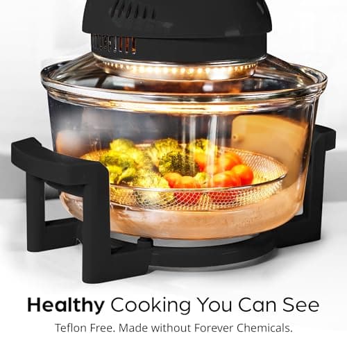 16Qt Large Glass Air Fryer Non Toxic – Family Sized Large Halogen Oven Cooker with 3 Cooking Sections, Stainless Steel Racks, French Fries, Chicken, No Preheat, Self Cleaning, Dishwasher Safe
