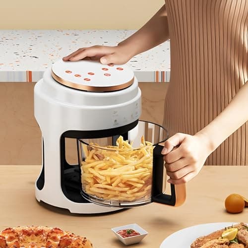 Glass Air Fryer,1100W 4.2Qt Smart Compact Air Fryers,360° Viewing Window,3d Three-Dimensional Hot Air Circulation Evenly,Cooks Quickly, 95% Less Oil for Healthier Meals, Easy To Clean,White