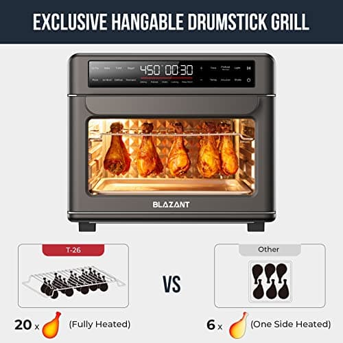 Large Capacity Toaster Oven Countertop, Dishwasher Safe Detachable Panel, 26QT Air Fryer Toaster Oven Combo, with Drumstick Grill, Air Fry, Crisp, Bake, Toast, Bagel, Pizza, Broil, Defrost, BLAZANT