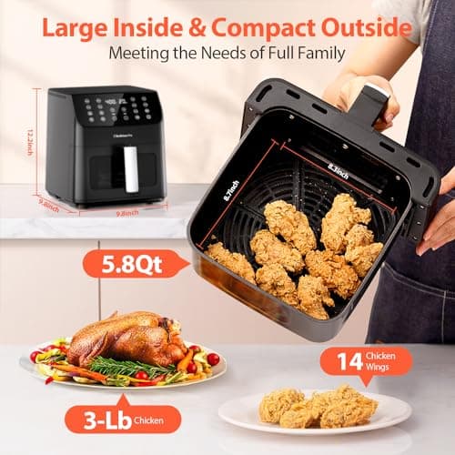 Beelicious 5.8QT Large Air Fryer, 12-in-1 Digital Airfryer with Clear Window, 40+ Recipes, Flavor-Lock Tech, Shake Reminder, Compact, Quiet, Dishwasher Safe, Nonstick (Black)