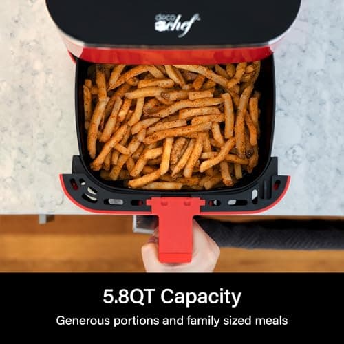 Deco Chef 5.8QT Air Fryer, 8-in-1 Smart Cooking Programs, Nonstick and Dishwasher-Safe Basket, Red