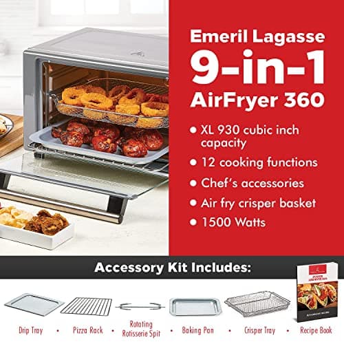 Emeril Lagasse Everyday 360 Stainless Steel Air Fryer, 360° Quick Cook Technology, XL capacity, 9-in-1, 12 Pre-Set Cooking Functions including Bake, Rotisserie, Broil, Pizza, Slow Cook, Toaster