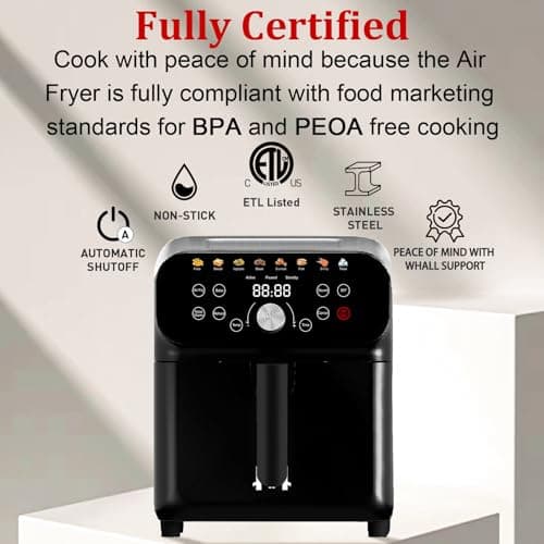 Air Fryer, 6QT Air Fryer Oven with LED Digital Touchscreen, 12 Preset Cooking Functions Air fryers, Bake, Reheat, Keep Warm, Nonstick and Dishwasher-Safe Basket, Stainless Steel/Black