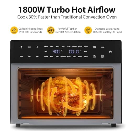 32QT Extra Large Air Fryer, 19-In-1 Air Fryer Toaster Oven Combo with Rotisserie and Dehydrator, Digital Convection Oven Countertop Airfryer Fit 13" Pizza, 6 Accessories, 1800w, Black