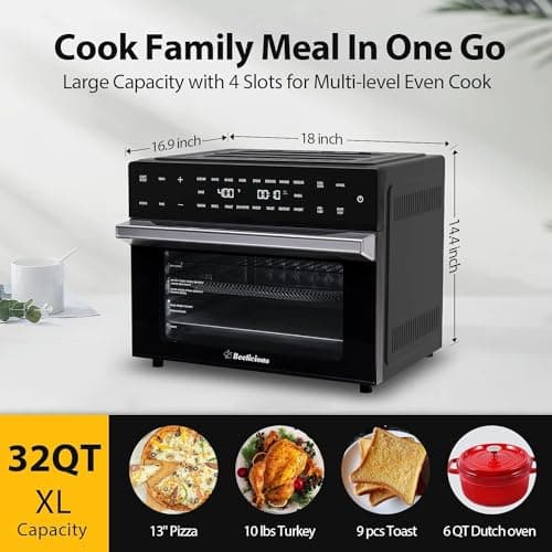 Beelicious® Pro 32QT Extra Large Air Fryer, 19-In-1 Air Fryer Toaster Oven Combo with Rotisserie and Dehydrator, Digital Convection Oven Countertop Airfryer Fit 13" Pizza, 1800w (Black)
