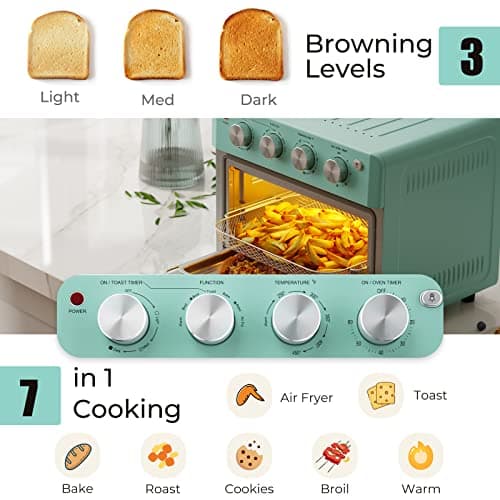 SIMOE 19QT Oven & Toaster, Retro Air Fryer + Convection Toaster Oven, 7 in 1 Combo with Bake, Toast, Broil & Warm Options, 5 Accessories & Recipe Book, Stainless Steel, 1550W, (Turquoise)