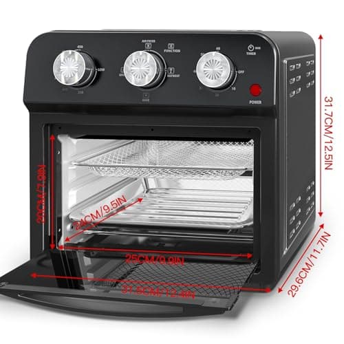 PlumChef 13 Quart 4 Slices Air Fryer Convection Toaster Oven, 1500W, 7 in 1 Multifunction with Roast, Bake, Grill, Broil, Toast, Dehydrate, Defrost (Dark Black)