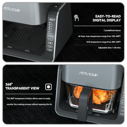 4.2 QT+1.3 QT Small Air Fryer non toxic, 2-in-1 Glass Air Fryer & Grill Pan Combo for kitchen, 7 Presets, 105-450℉, Portable Healthy Cooking, Non-Stick, Multi-Function for Frying, Griddle & Baking