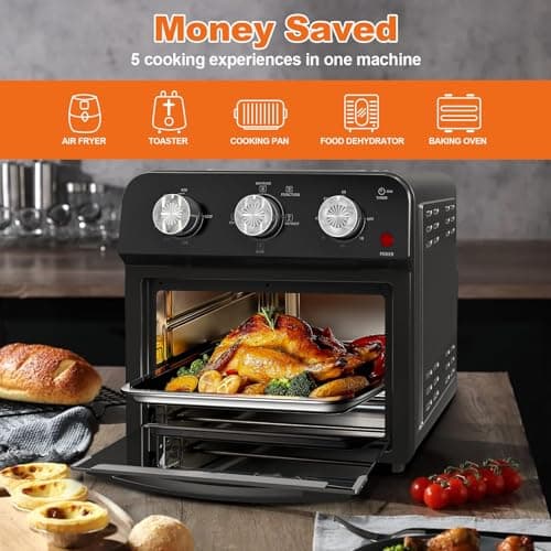 PlumChef 13 Quart 4 Slices Air Fryer Convection Toaster Oven, 1500W, 7 in 1 Multifunction with Roast, Bake, Grill, Broil, Toast, Dehydrate, Defrost (Dark Black)