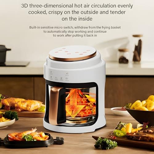 Glass Air Fryer,1100W 4.2Qt Smart Compact Air Fryers,360° Viewing Window,3d Three-Dimensional Hot Air Circulation Evenly,Cooks Quickly, 95% Less Oil for Healthier Meals, Easy To Clean,White