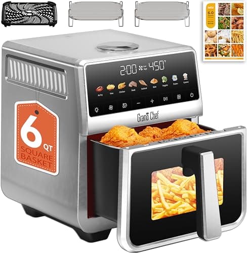 Air Fryer, 6 Qt, Stainless Steel Air Fryer, Stainless Steel Housing& Full Metal Inner Pot, Ceramic Glaze, PTFE and PFAS Free, 9 Digital One-Touch Cook Functions,120°F~450°F, 1700W