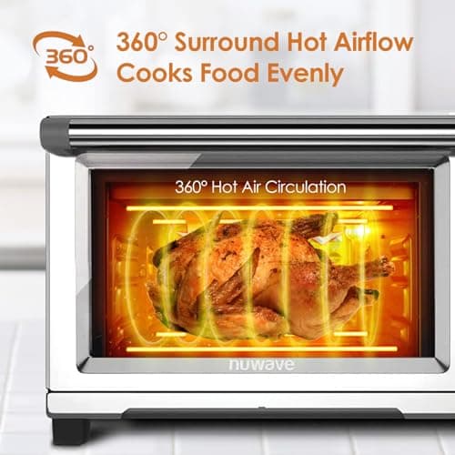 Nuwave Bravo XL Air Fryer Toaster Smart Oven, 12-in-1 Countertop Grill/Griddle Combo, 30-Qt XL Capacity, 50F-500F adjustable in precise 5F increments, Integrated Smart Thermometer, Linear T Technology