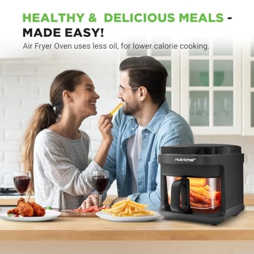 Nutrichef 5.8 Quart Air Fryer 8-1 Preset Cook Modes Transparent Fry Bowl for Best Cooking Results Cook Shrimp, Steak, Fries, Wings, Chicken & More Precise Temperature Control & Time Black