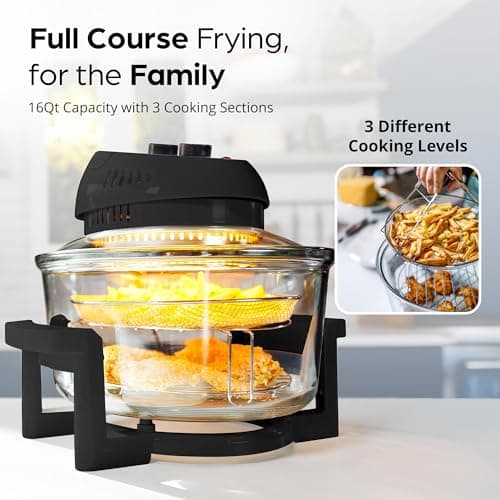 16Qt Large Glass Air Fryer Non Toxic – Family Sized Large Halogen Oven Cooker with 3 Cooking Sections, Stainless Steel Racks, French Fries, Chicken, No Preheat, Self Cleaning, Dishwasher Safe