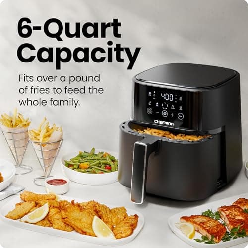 Chefman Air Fryer – 6 QT Compact Airfryer for Quick & Easy Meals in Minutes, Features Hi-Fry Technology for Extra Crisp, Touchscreen Controls with 4 Presets, Nonstick & Dishwasher Safe Basket - Black