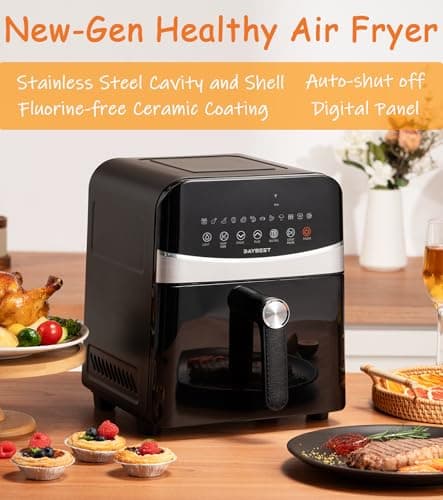 Ceramic Air Fryer Black Stainless Steel, DAYBEST 1700W Non Toxic Air Fryer Visible 6L with Top Bottom Heaters Less Flipping Auto Shut-off with Ceramic Coat Basket and Grill Pan (6L, Black)