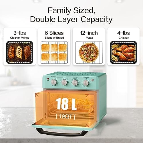 SIMOE 19QT Oven & Toaster, Retro Air Fryer + Convection Toaster Oven, 7 in 1 Combo with Bake, Toast, Broil & Warm Options, 5 Accessories & Recipe Book, Stainless Steel, 1550W, (Turquoise)