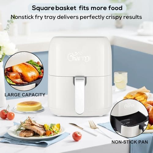 Charmi Large 5QT Air Fryer, Stylish Retro Design, Beautiful Vintage Inspired, Digital Touchscreen, 8-in-1 Cooking Presets, Dishwasher Safe, Nonstick Basket (Lunar White)