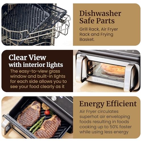 Elite Gourmet EAF2411G Digital Indoor Grill/Air Fryer Oven, 11L Capacity, Grill Rack, 8 Presets, Bake, Roast, Broil, Dehydrate, 1700-Watts, 25 Delicious Recipes, Stainless-Steel/Black
