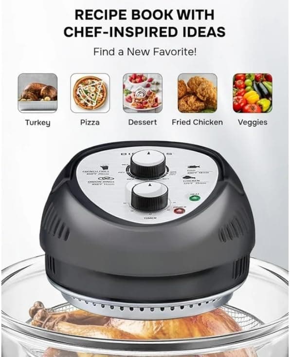 Air Fryer Toaster Oven Combo 16Qt Kitchen Countertop Convection Rotisserie 1300W Large Glass Bowl Black