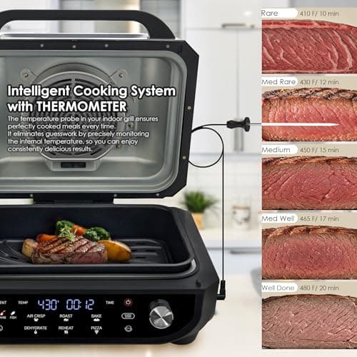 MAGiC COM Indoor Grill and Air Fryer, 7-in-1 Electric Grill with Steak, Roast, Air Crisp, Bake, Dehydrate, Pizza and Reheat. Smart Thermometer, Non-Stick, Dishwasher Safe/Black
