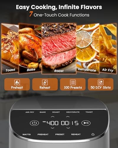 Nuwave Brio Plus Air Fryer 8 Qt, New & Improved, PFAS-FREE, 7 Digital One-Touch Cook Functions that AIR FRY, BAKE, ROAST, DEHYDRATE, TOAST, REHEAT, PREHEAT, 150 Presets, 50°F-400°F, 700/1500/1800W