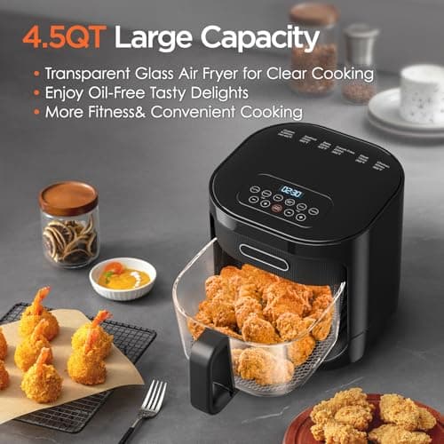 4.5QT Glass Air Fryer,1200W Multiple Air Fryer with Viewing Glass Pot,Nonstick & Dishwasher Safe Basket,Non-Toxic,Features Digital Timer, Automatic Shutoff,Used for French Fries,Fish,Cake (Black)