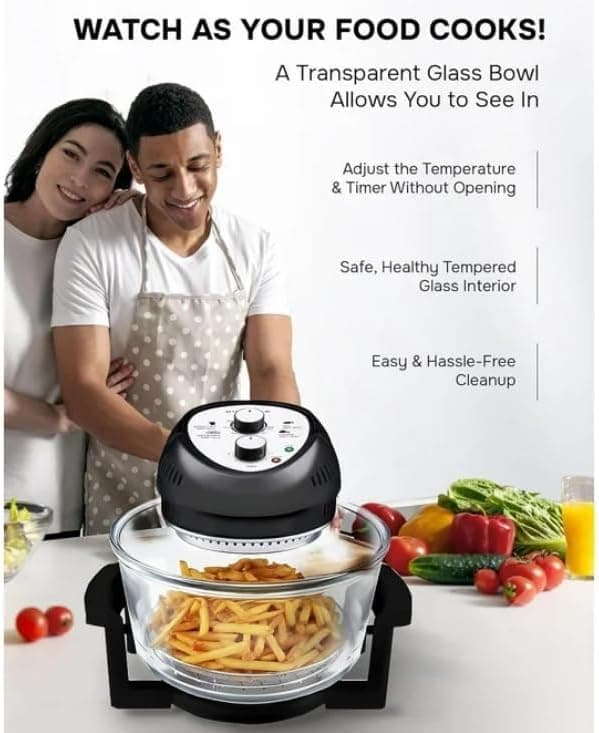 Air Fryer Toaster Oven Combo 16Qt Kitchen Countertop Convection Rotisserie 1300W Large Glass Bowl Black