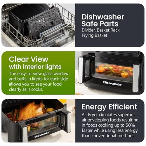 Elite Gourmet EAF1055D Dual Zone Air Fryer Oven, 11QT. Capacity with Divider, Sync Finish, Dishwasher Safe Basket, 10 Preset Functions, 1600-Watts, with Recipe Booklet, Black