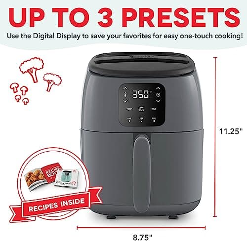 DASH Tasti-Crisp™ Electric Air Fryer Oven, 2.6 Qt., Grey – Compact Air Fryer for Healthier Food in Minutes, Ideal for Small Spaces - Auto Shut Off, Digital, 1000-Watt