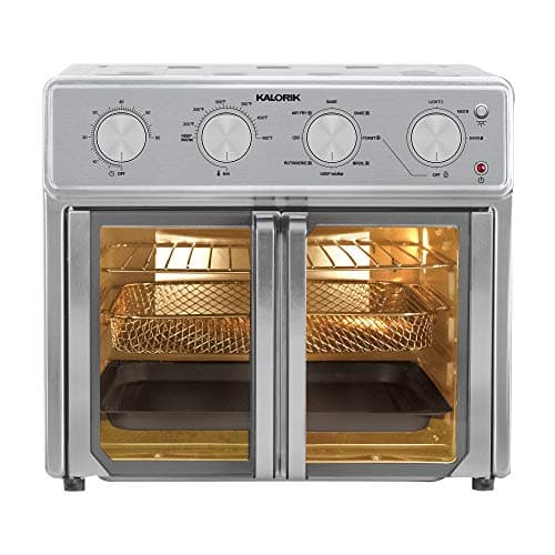 Kalorik MAXX Air Fryer Oven, 26 Quart 9-in-1 Countertop Toaster Oven and Air Fryer Combo - Fry, Bake, Roast, Rotisserie, & More, Large Glass French Doors & 7 Accessories, 1700-Watts, Stainless Steel