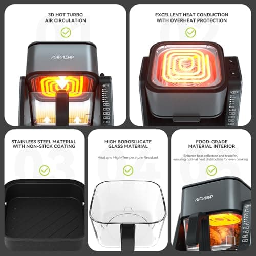 4.2 QT+1.3 QT Small Air Fryer non toxic, 2-in-1 Glass Air Fryer & Grill Pan Combo for kitchen, 7 Presets, 105-450℉, Portable Healthy Cooking, Non-Stick, Multi-Function for Frying, Griddle & Baking