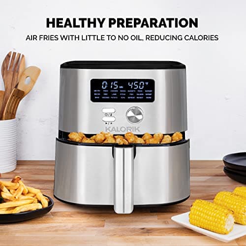 Kalorik MAXX® Digital Air Fryer FT 47823 BKSS | 6-Quart Oilless Air Fryer with 7 Cooking Functions | LED Display | 21 Smart Presets | 5 Dishwasher-Safe Accessories & Bonus Recipe Book | Nonstick Air Frying Basket | 1750W | Stainless Steel & Black