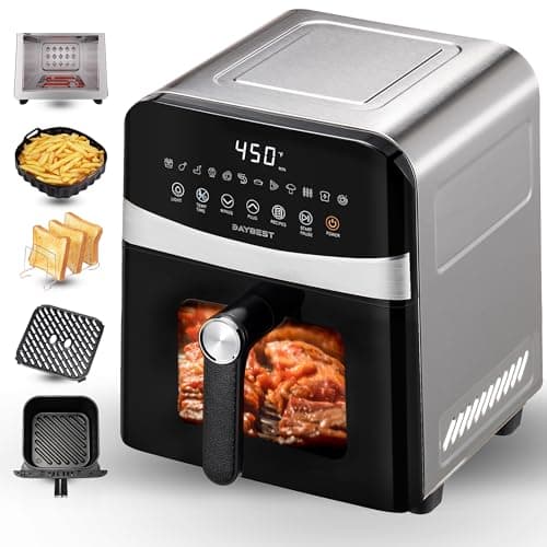 Air Fryer Stainless Steel with Window, DAYBEST 6QT Ceramic Airfryer Non Toxic with Up & Down Heats 1700W Max 450°F, 12 Presets/DIY, Dishwasher Safe Non Stick Basket and Pan (Stainless Steel)